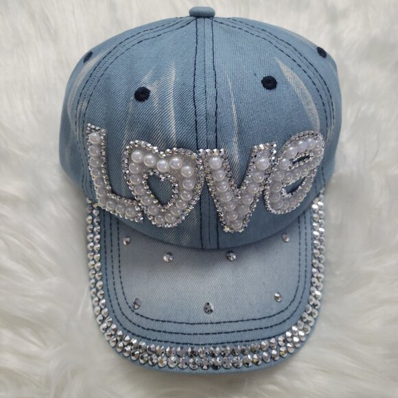 Bling LOVE Denim Baseball Cap - Picture 1 of 7